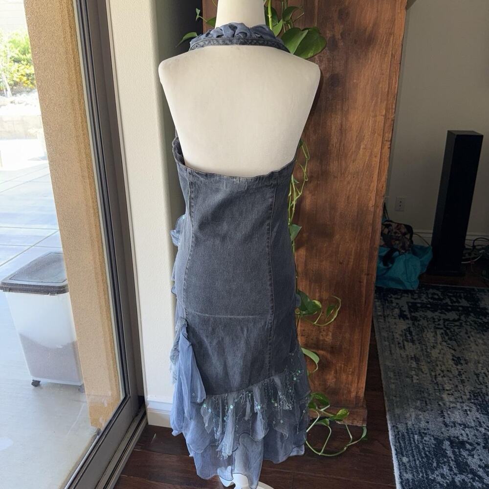 fairy 90s iridescent lace trimmed beaded floral embroidered denim halter dress - Picture 7 of 8